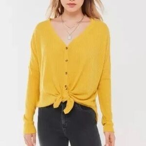 Out from Under Waffle Button Tie Front Top